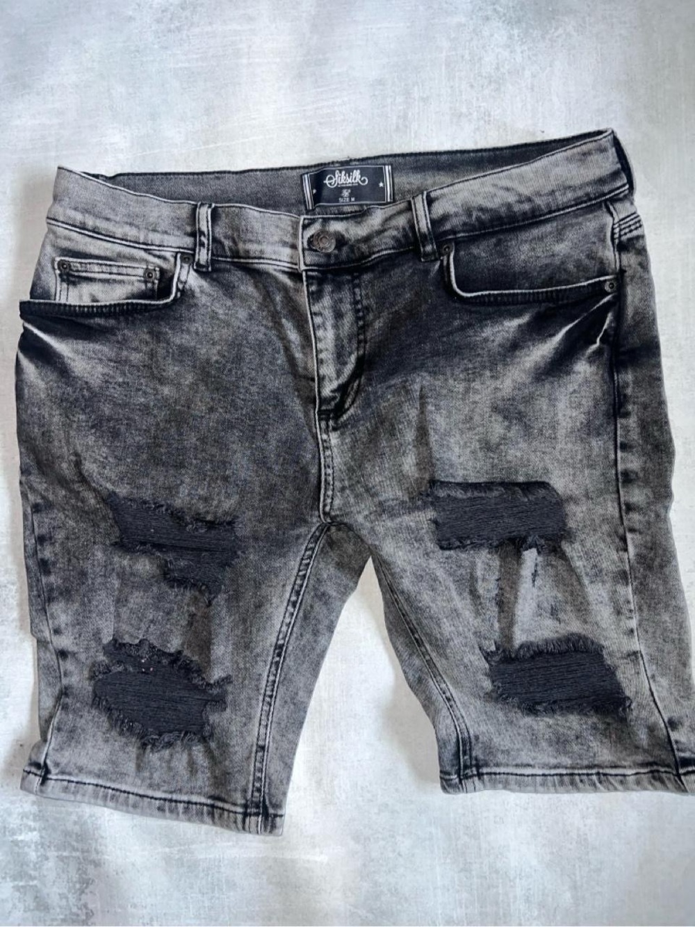 SikSilk Men's Distressed Denim Shorts in a washed black or grey